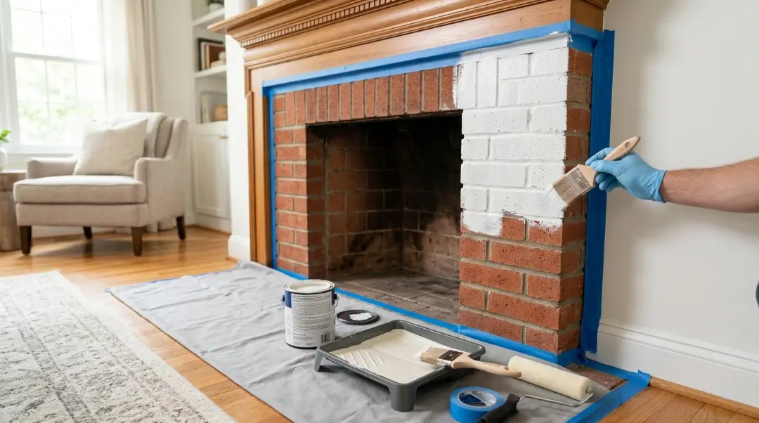 How to paint a brick fireplace applying white paint to brick with a brush and taped edges for a clean finish.