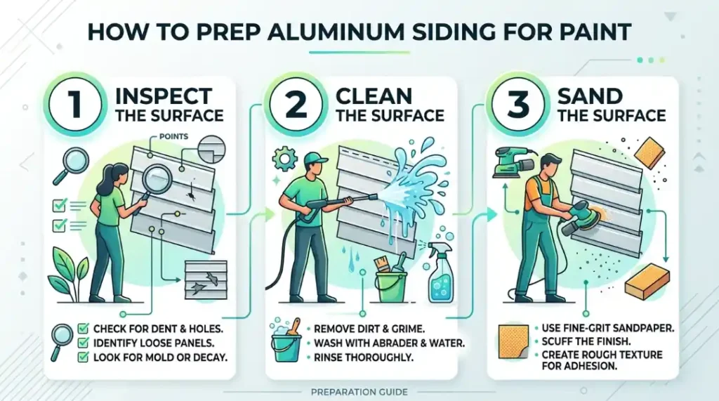 Infographic showing steps to prep siding and how to paint aluminum siding including cleaning and sanding