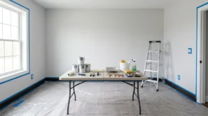 How to prep a room for painting with taped edges, covered floor, ladder, and tools ready for wall preparation