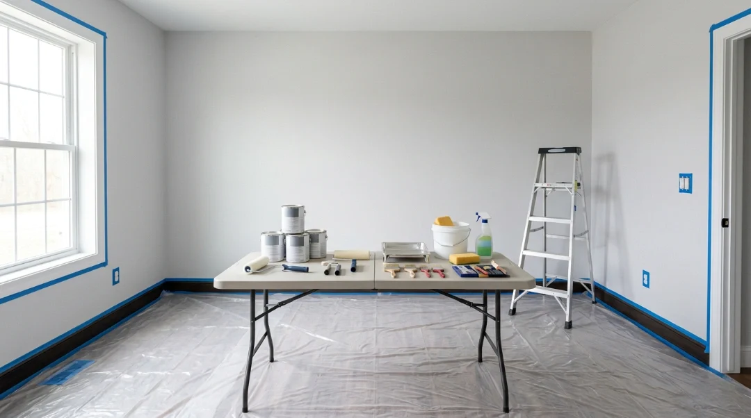 How to prep a room for painting with taped edges, covered floor, ladder, and tools ready for wall preparation