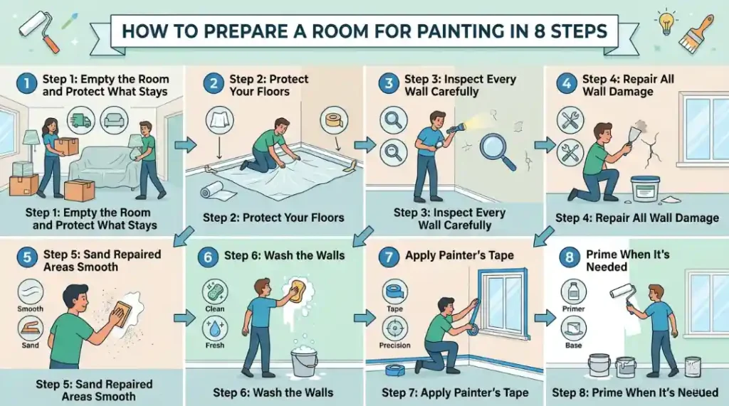 How to prep a room for painting in 8 steps infographic showing cleaning, sanding, taping, and priming process