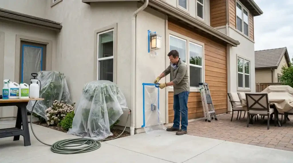 Preparing home exterior for how to pressure wash a house by covering plants and sealing outlets