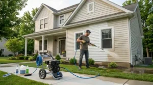 Man pressure washing house siding with machine showing how to pressure wash a house safely
