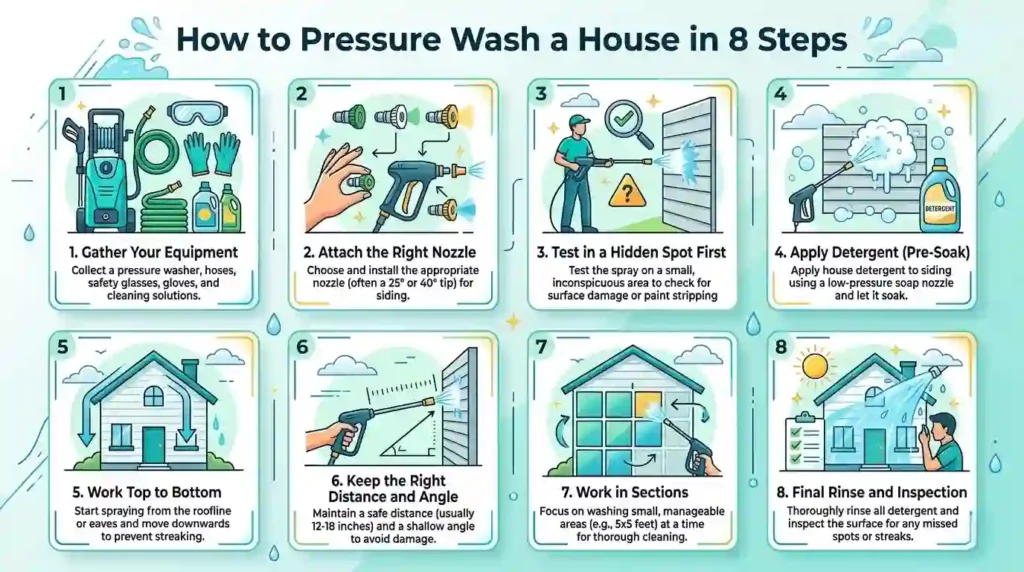 Infographic showing how to pressure wash a house in 8 steps with tools, prep, cleaning, and rinsing guide