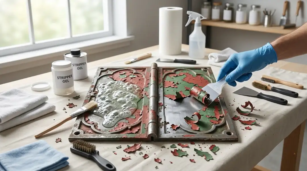 How to Remove Paint from Metal using stripper gel and putty knife on a decorative metal panel