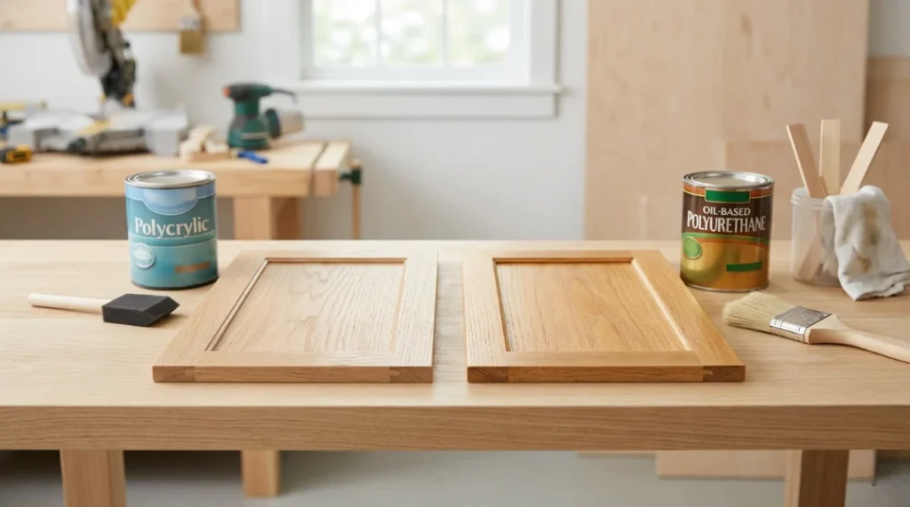 Polycrylic vs Polyurethane cans side by side on a workbench with two wood cabinet panels and finishing brushes