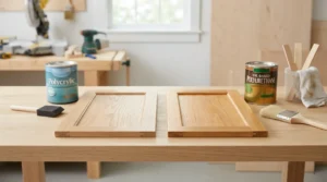 Polycrylic vs Polyurethane cans side by side on a workbench with two wood cabinet panels and finishing brushes