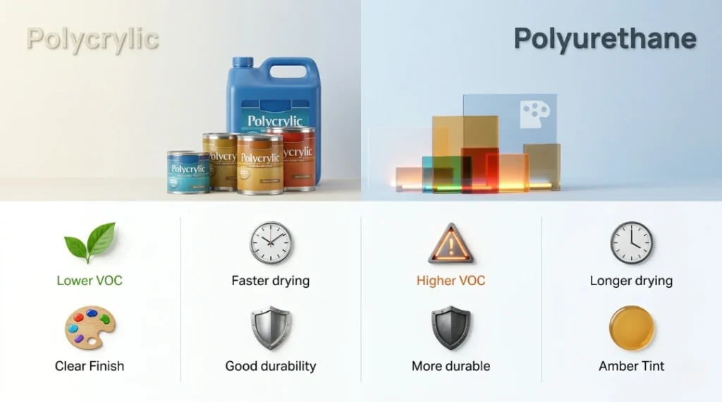 Polycrylic vs Polyurethane infographic comparing VOC levels, drying time, durability, and finish color side by side