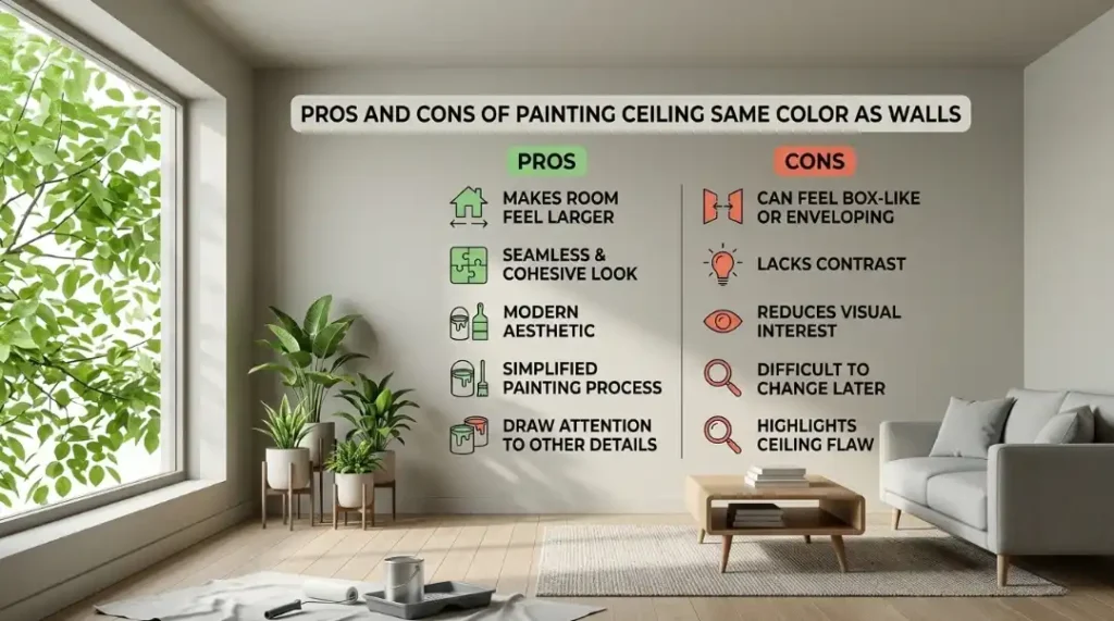 Infographic of pros and cons explaining Should the Ceiling and Walls Be the Same Color in a modern living room