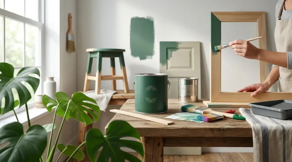Person painting wooden frame green with quart paint can and brushes on table indoors
