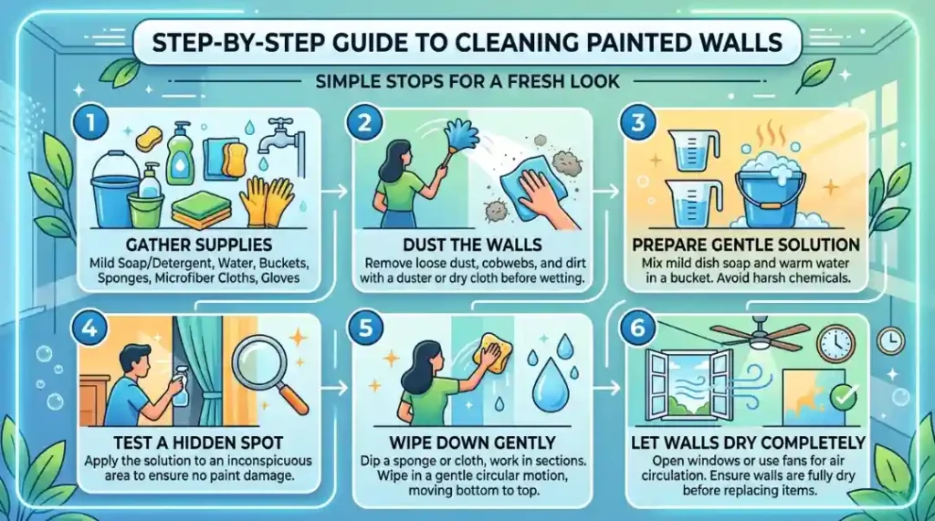 Infographic showing step-by-step method for How to Clean Painted Walls using gentle cleaning supplies and techniques