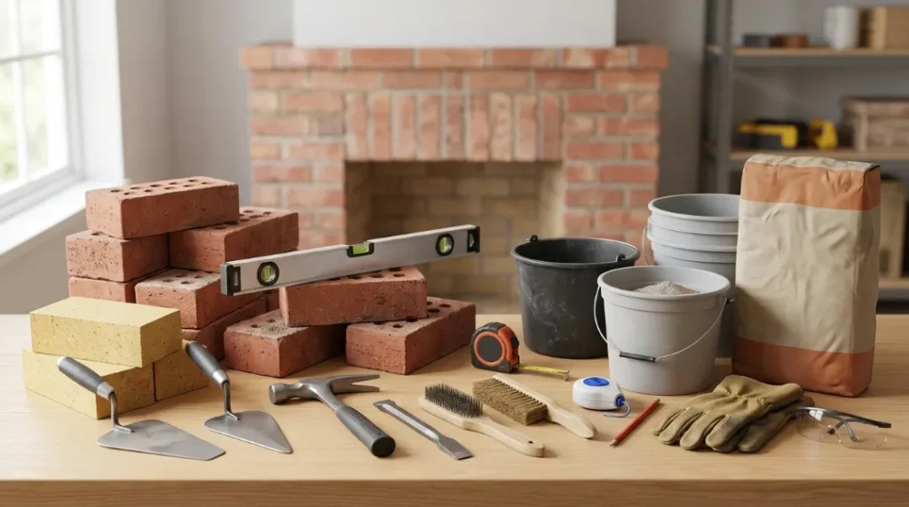Tools and materials needed for how to paint a brick fireplace including brushes, buckets, bricks, and masonry supplies.