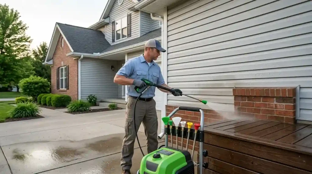 A professional showing how to pressure wash a house exterior with color-coded nozzle tips and a green electric pressure washer.