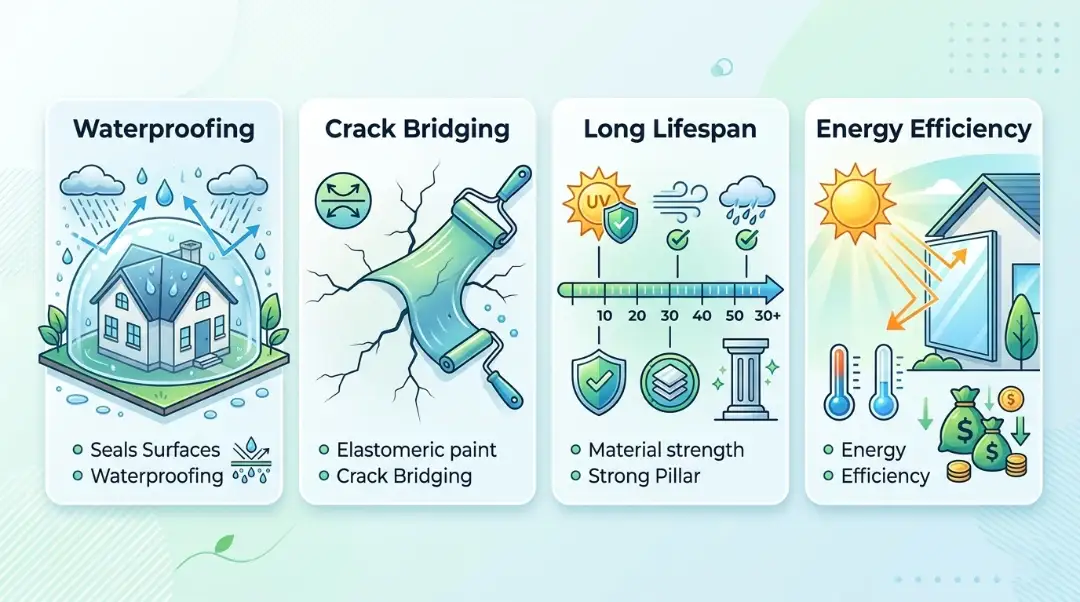 Infographic showing elastomeric paint benefits like waterproofing, crack bridging, durability, and energy efficiency