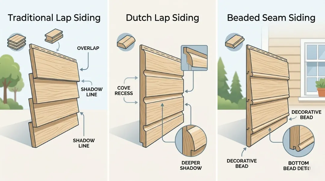 Types of horizontal siding – traditional lap, Dutch lap, and beaded seam siding profiles compared