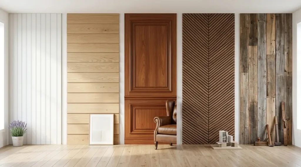 Types of wood paneling styles for walls showing different designs before painting wood paneling