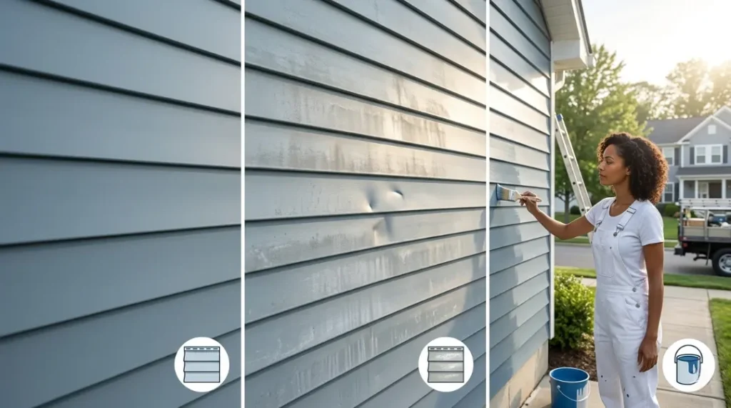 Before and after repainting aluminum siding showing surface prep and how to paint aluminum siding effectively