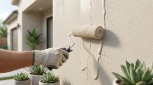 Applying elastomeric paint on cracked stucco wall to seal and protect exterior surface