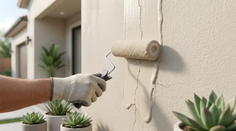 Applying elastomeric paint on cracked stucco wall to seal and protect exterior surface