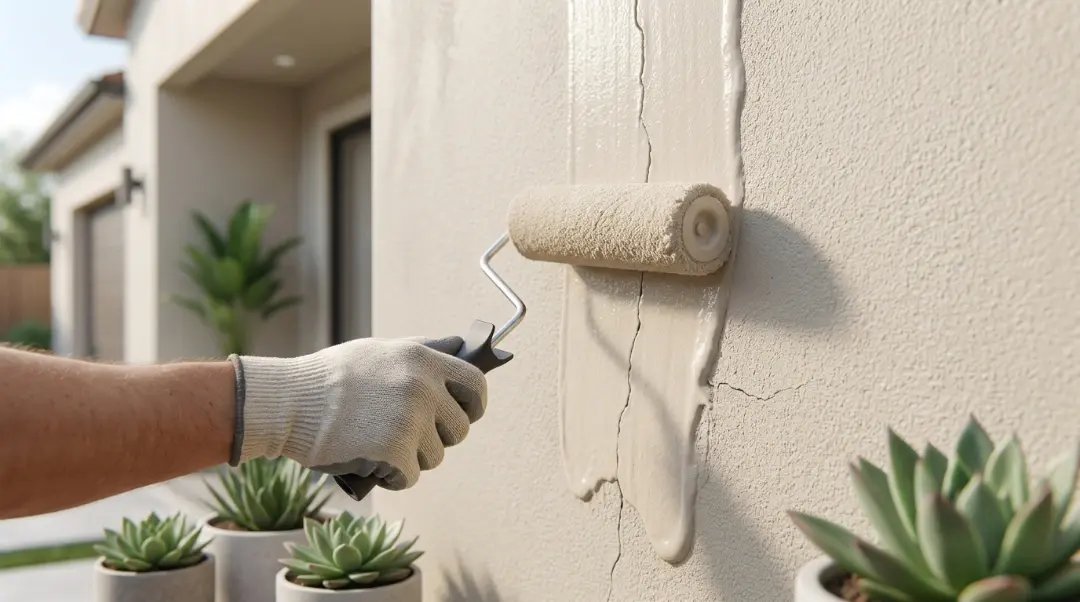 Applying elastomeric paint on cracked stucco wall to seal and protect exterior surface