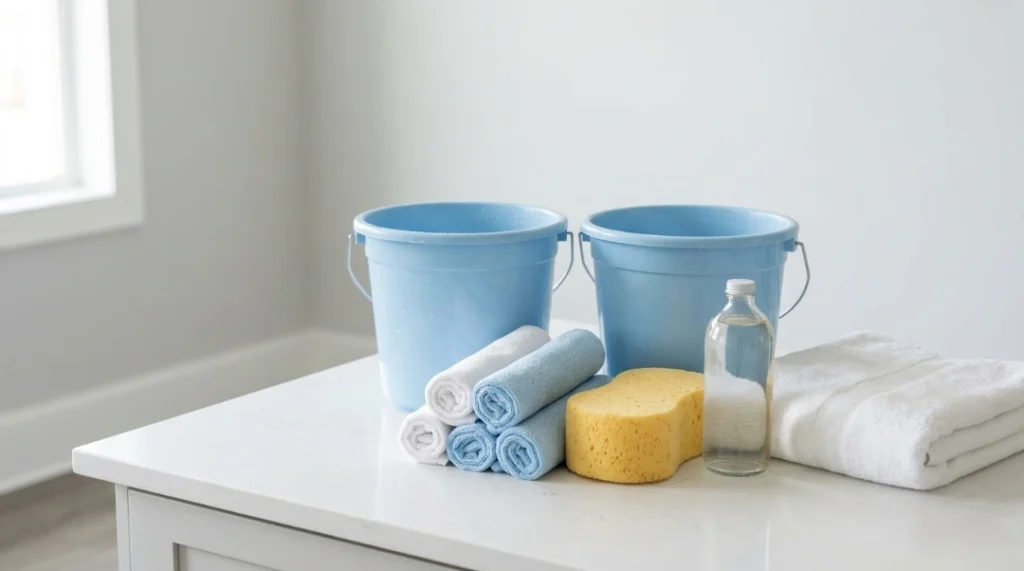 Buckets, sponge, towels, and cleaning solution tools used for How to Clean Painted Walls safely at home