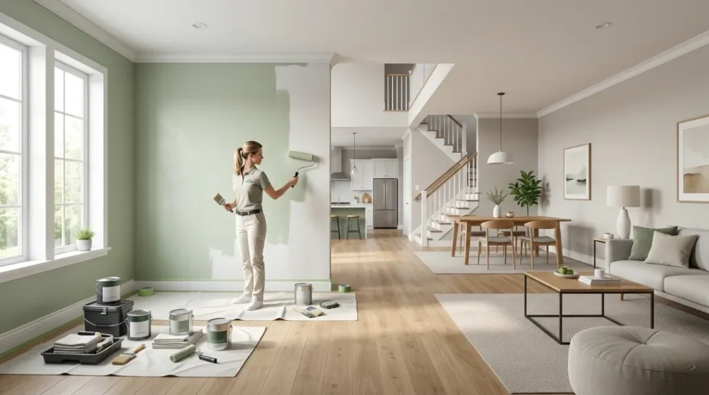 Professional painter rolling sage green paint on interior house walls with paint supplies and open-plan living space in background