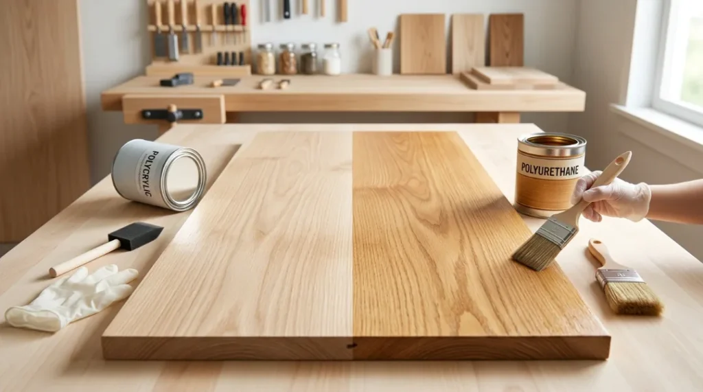 Alt Text (under 120 characters):
Applying Polycrylic vs Polyurethane on a wood board showing clear vs amber finish difference with brush and gloves