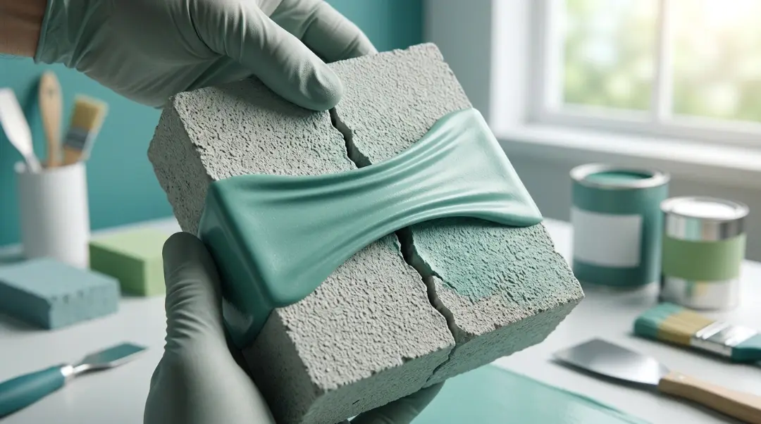 Elastomeric paint stretching over cracked concrete block showing flexibility and crack bridging