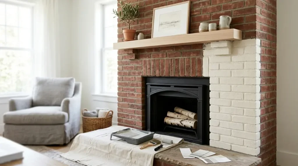 How to paint a brick fireplace with white paint to update an old red brick fireplace in a modern living room.